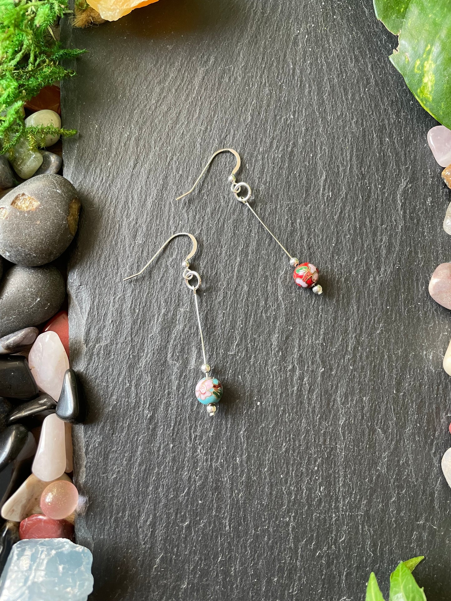 Silver Drop Earrings With Blue And Red Cloisonné Flower Beads In .925 Sterling Silver