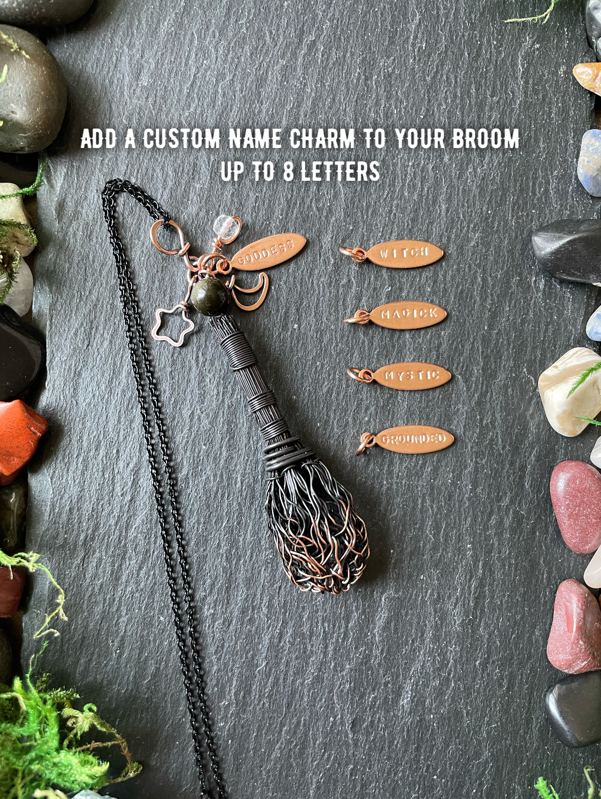 0119. Miniature Collectible Black Broom Pendant With Gold Sheen Obsidian Stone And Celestial Charms | Add Custom Name Charm