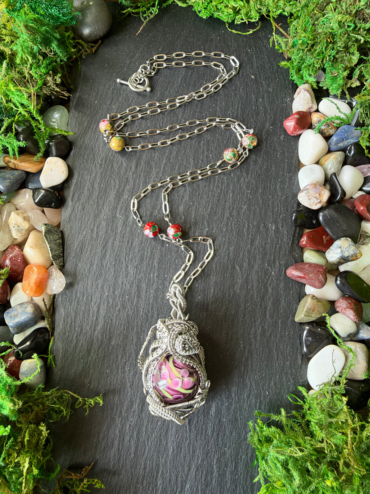 Magically Enchanted Flower Sphere Amulet In A Stainless Steel Wire Weave | One-of-a-Kind Handmade