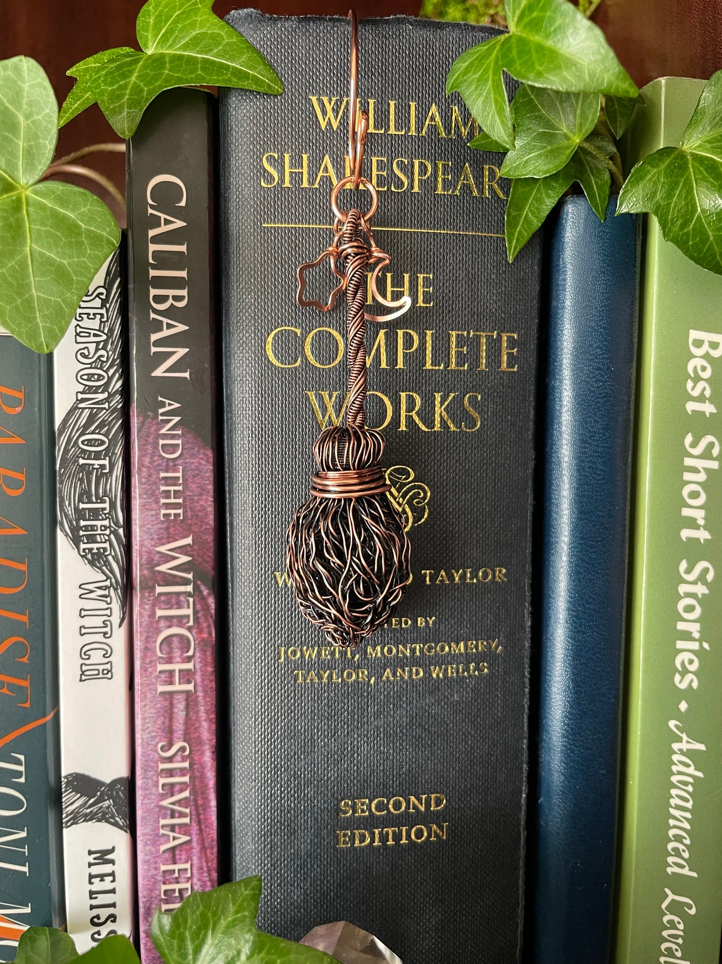 107. Made To Order - Miniature Copper Broom Bookmark With Straight Handle And Rounded Broom Bristles, Mini Bookshelf Broom With Star And Moon