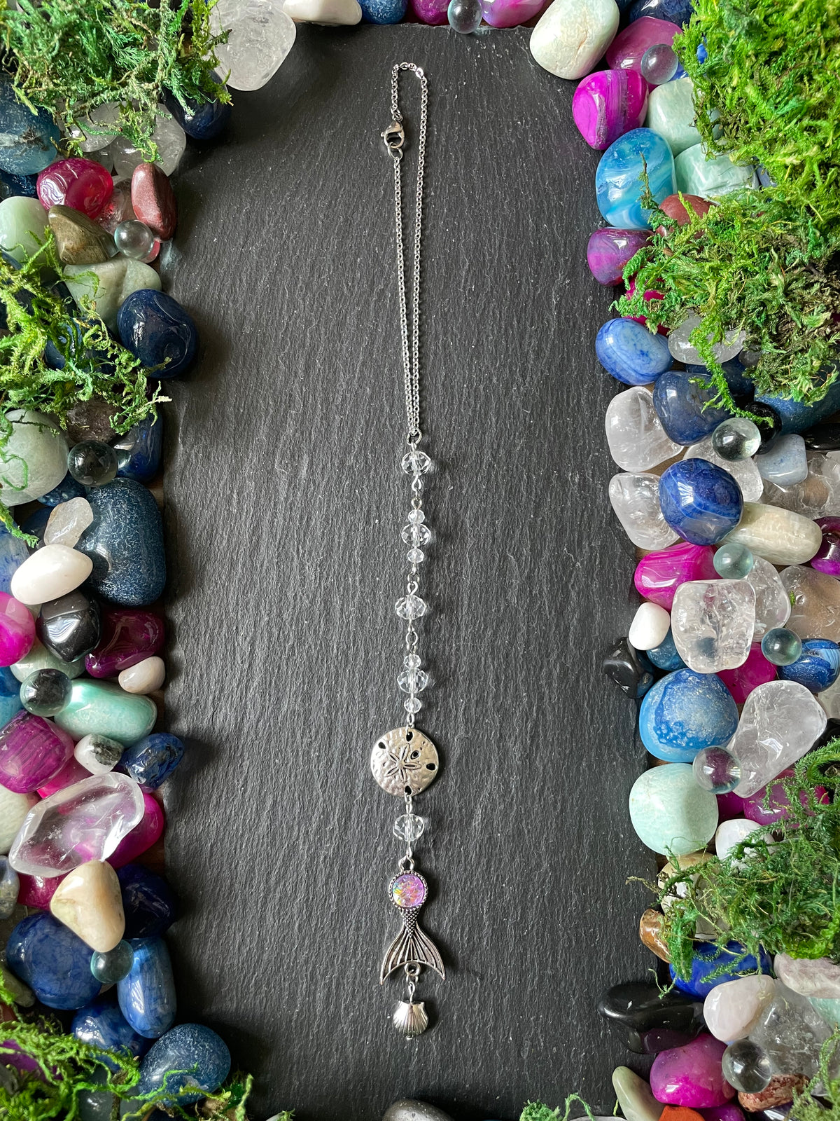 Mermaid Car Mirror Charm With Glass Beads, Sand Dollar, Clam Shell, And Mermaid Tail