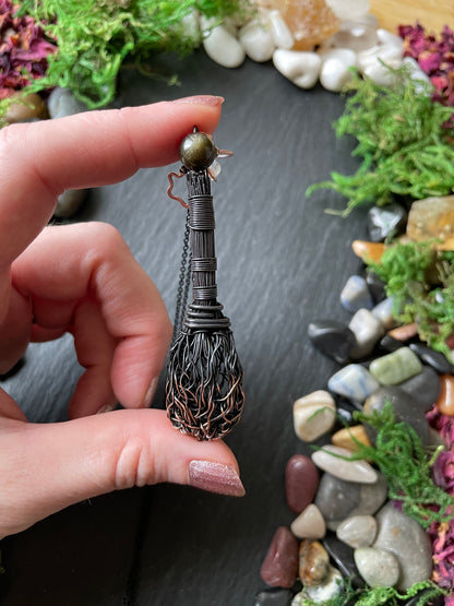 0119. Miniature Collectible Black Broom Pendant With Gold Sheen Obsidian Stone And Celestial Charms | Add Custom Name Charm