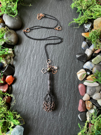 0119. Miniature Collectible Black Broom Pendant With Gold Sheen Obsidian Stone And Celestial Charms | Add Custom Name Charm