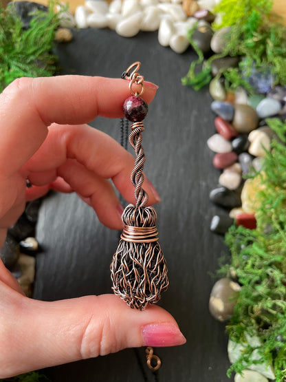 009. Miniature Collectible Broom Pendant With Twisted Handle And Garnet Crystal | Add Custom Name Charm
