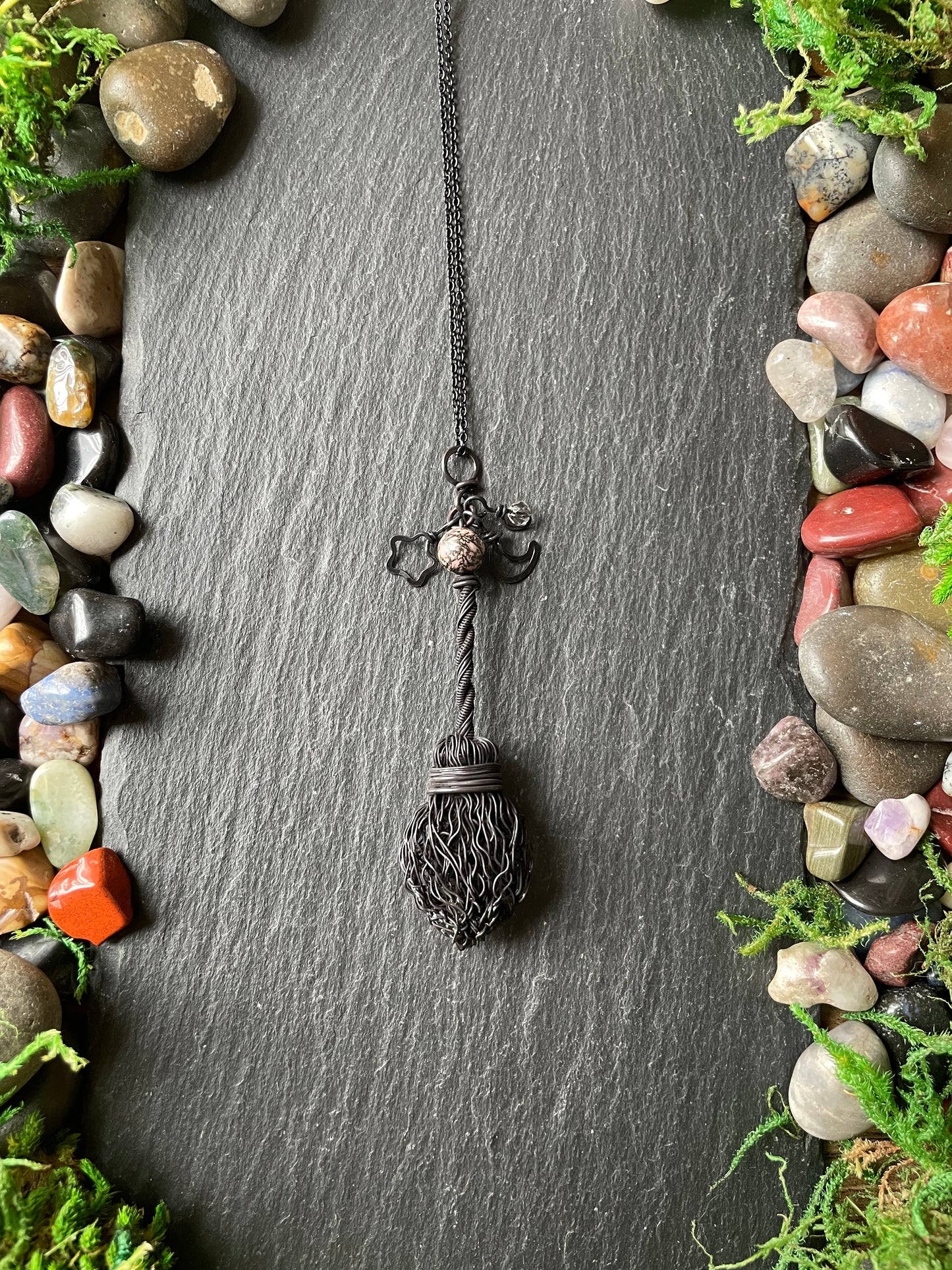 0126. Miniature Collectible Black Broom Pendant With Pink/Black Rhodonite Stone And Celestial Charms | Add Custom Name Charm