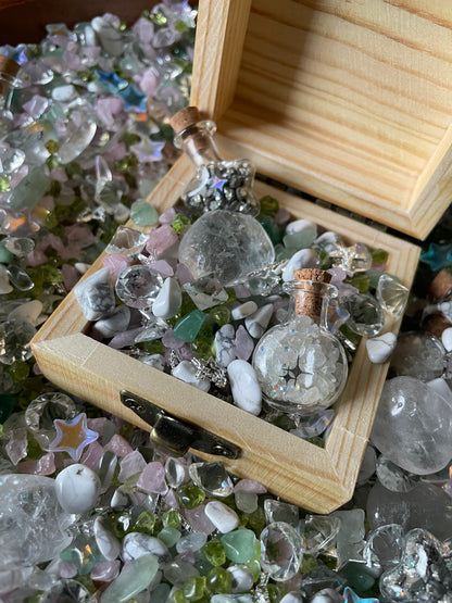 Magical Mini Fairy Forest Crystal Confetti With Wooden Box, Quartz Point, And Selenite Stick