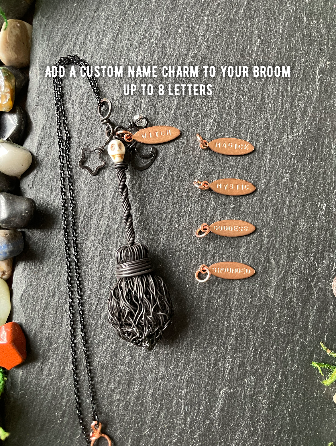 A dark metal broom pendant necklace with custom name charm, displayed on a dark slate background with five example copper-colored name charms and overlaid text explaining customization.