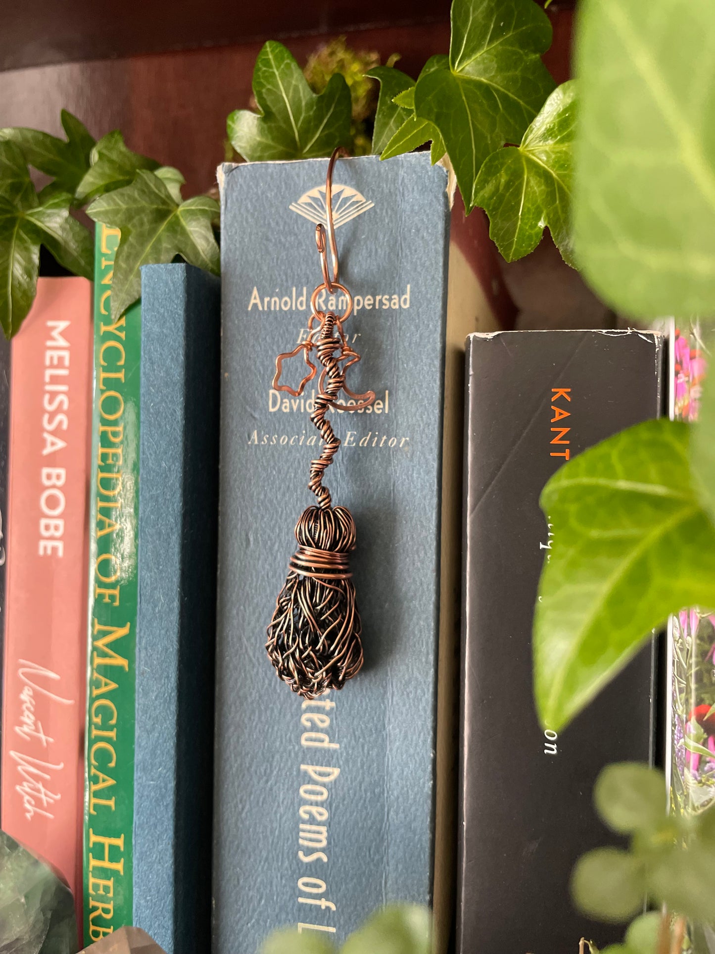 Stack of books on a shelf with a decorative broom bookmark, surrounded by green leaves.