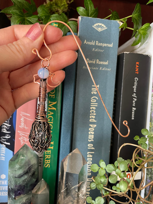 Hand holding a decorative broom with books and plants in the background