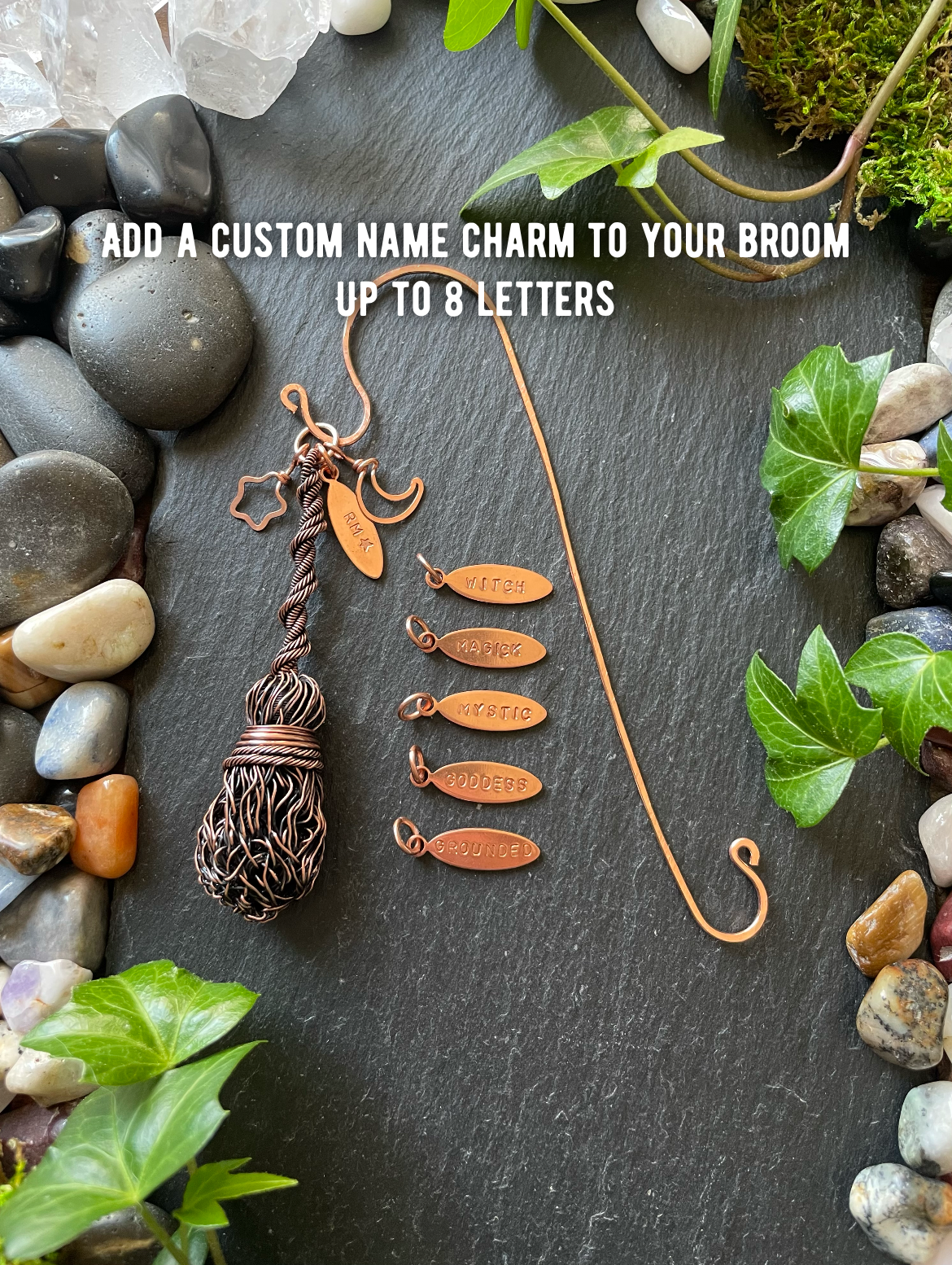 Miniature broom bookshelf charm with name tag options shown