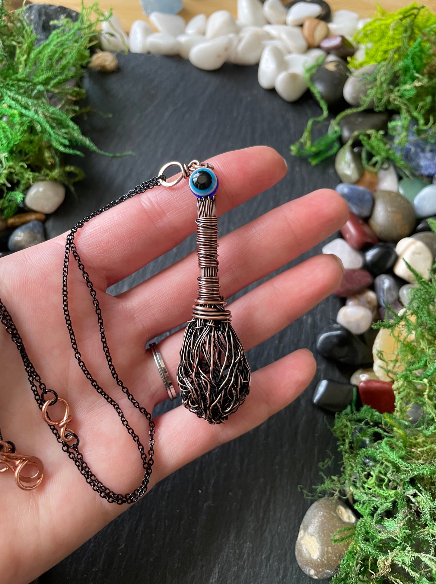 008. Miniature Collectible Broom Pendant With Wrapped Handle And Evil Eye Protection Bead | Add Custom Name Charm