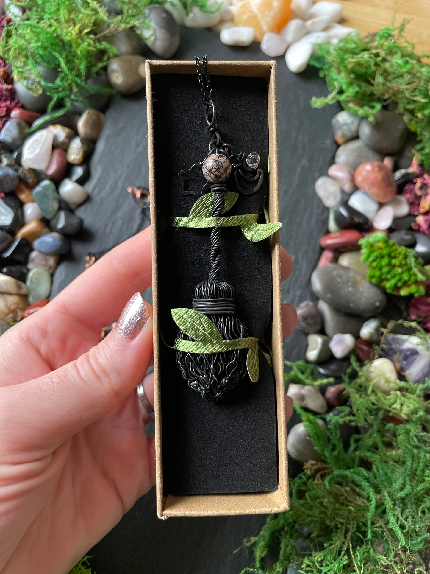 0126. Miniature Collectible Black Broom Pendant With Pink/Black Rhodonite Stone And Celestial Charms | Add Custom Name Charm