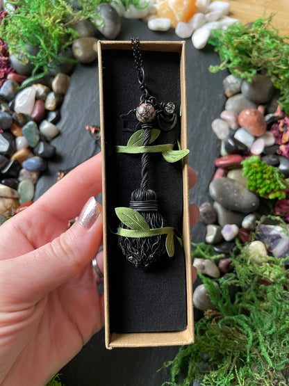 0126. Miniature Collectible Black Broom Pendant With Pink/Black Rhodonite Stone And Celestial Charms | Add Custom Name Charm