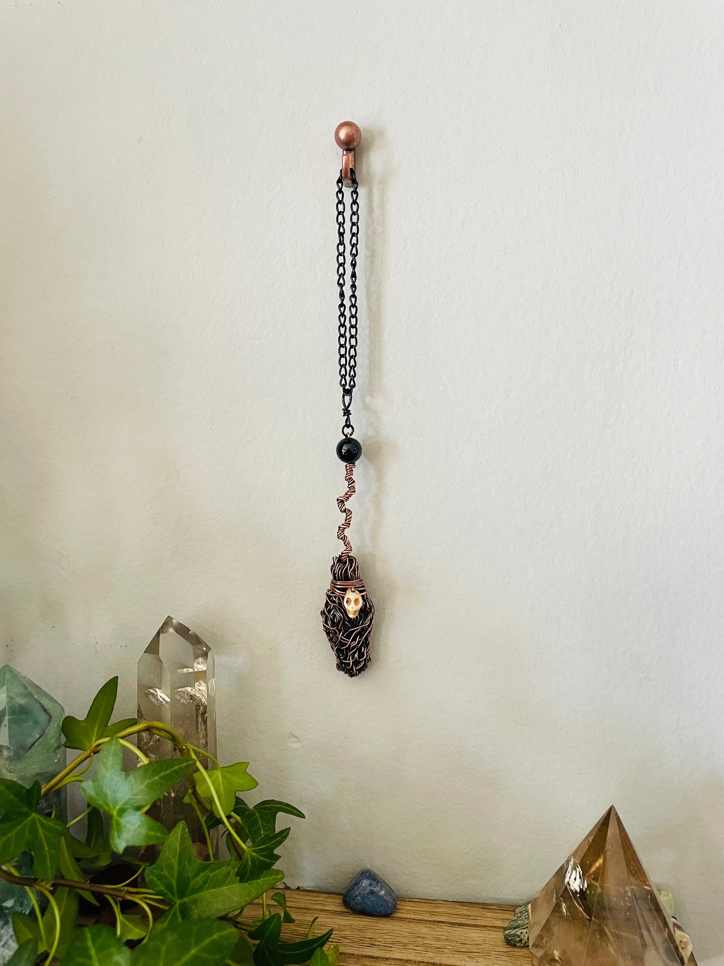 Miniature Collectible Broom Wall Charm With Tourmaline Stone And Skull, Handmade Broom To Accent A Witch’s Home