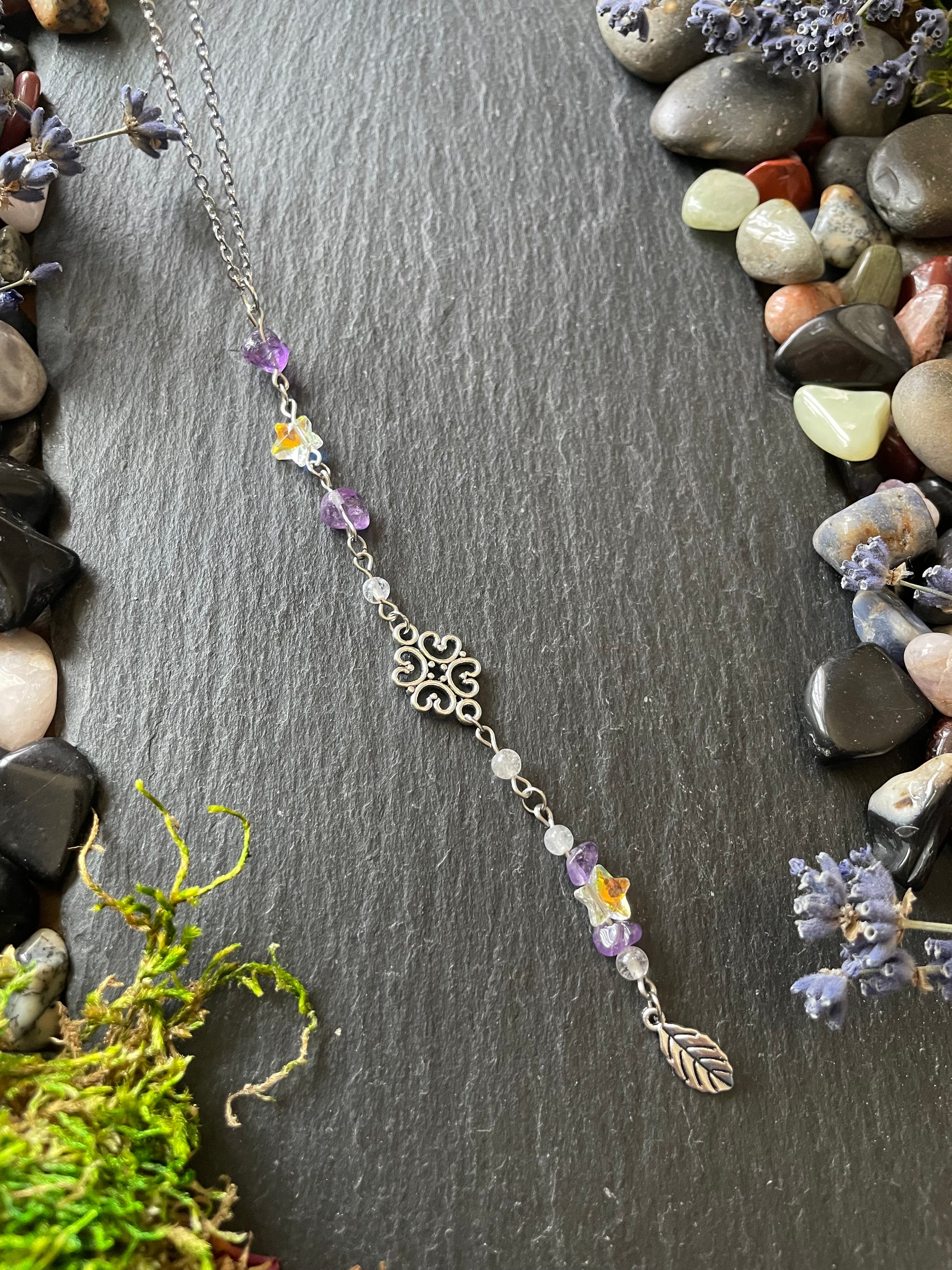 Car charm with amethyst crystals, star beads, and leaf charm