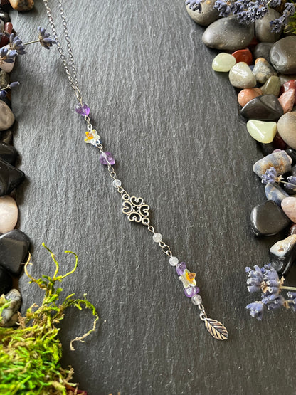 Car charm with amethyst crystals, star beads, and leaf charm