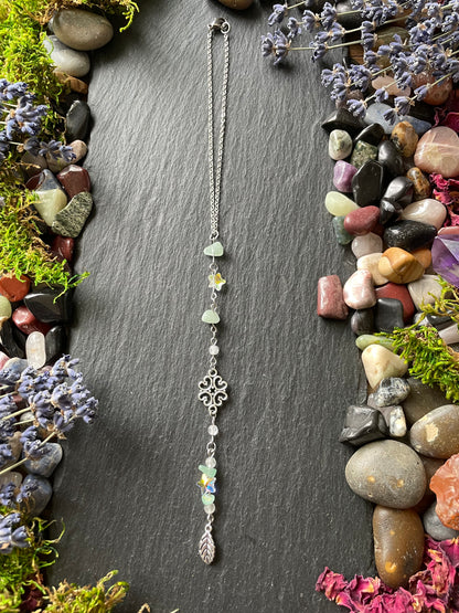 Crystal car charm with green aventurine and star beads, with silver leaf charm