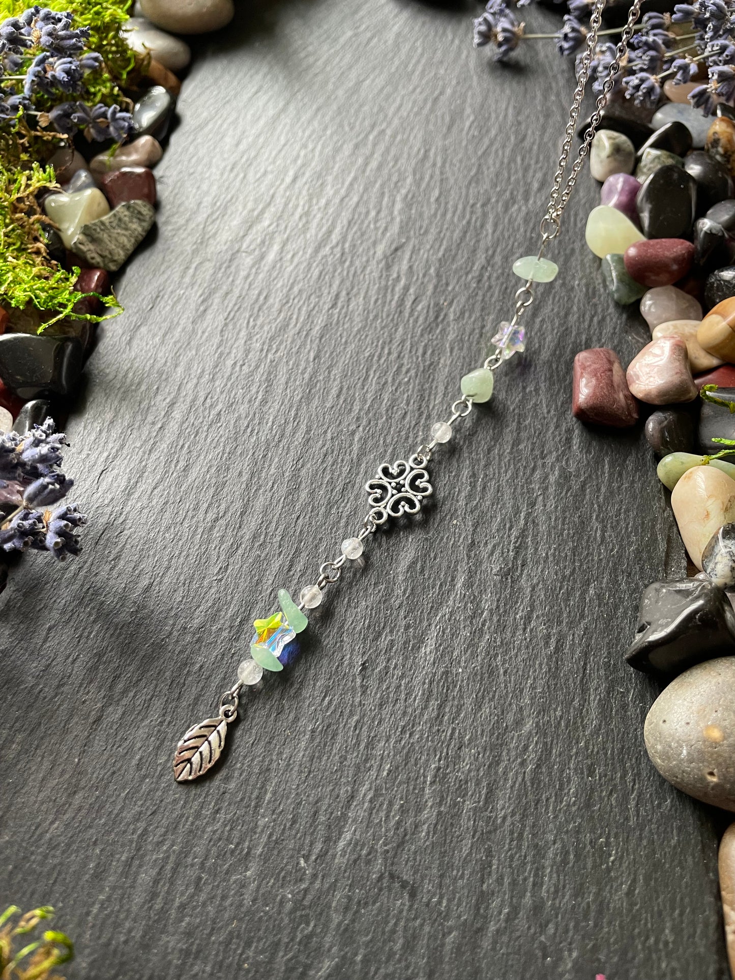 Crystal car charm with green aventurine and star beads, with silver leaf charm