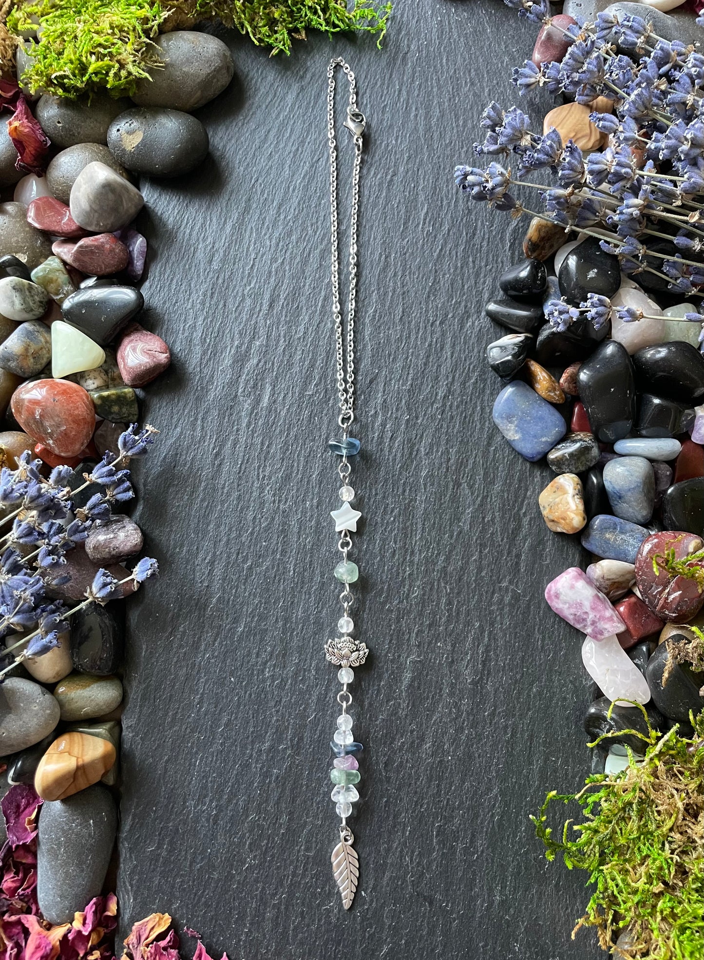 Car charm with colorful fluorite crystal beads, lotus beads, and silver leaf charm