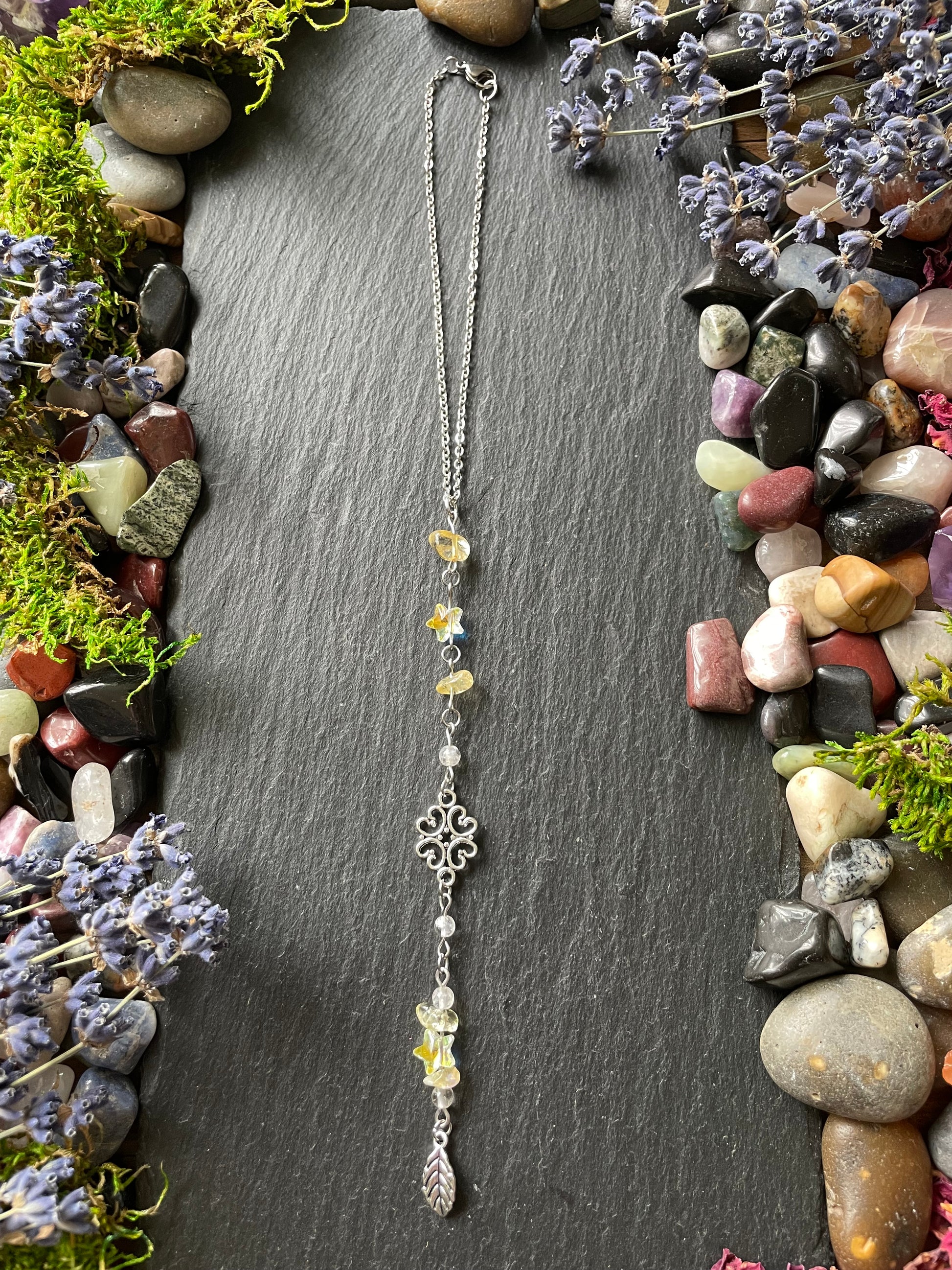 Crystal car charm with citrine and star beads, with silver leaf charm