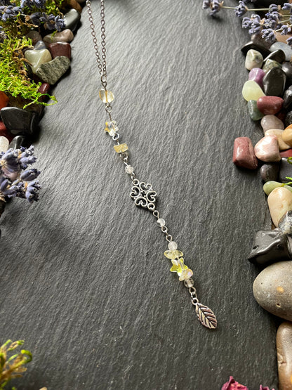 Crystal car charm with yellow citrine and star beads, with silver leaf charm
