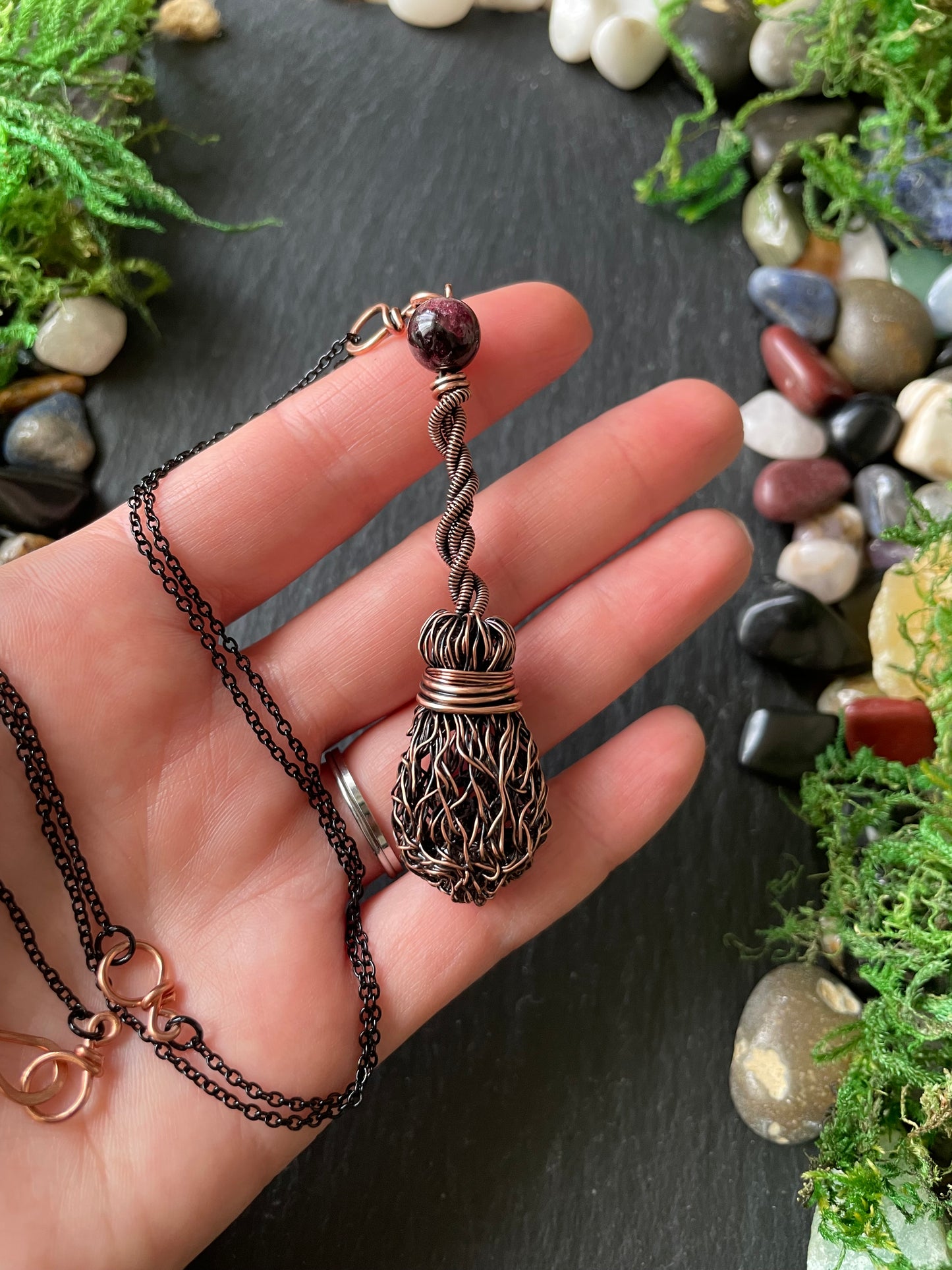 009. Miniature Collectible Broom Pendant With Twisted Handle And Garnet Crystal | Add Custom Name Charm