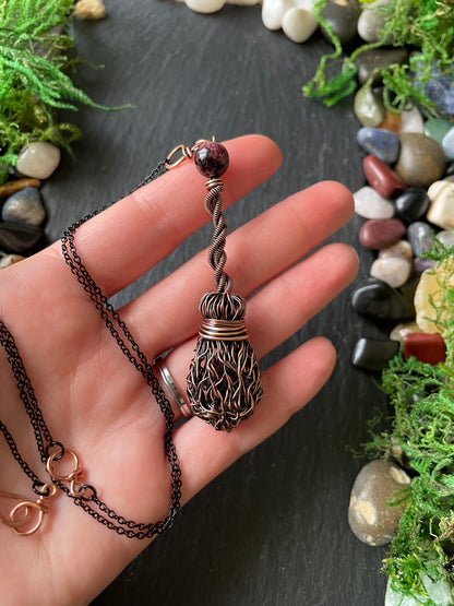 009. Miniature Collectible Broom Pendant With Twisted Handle And Garnet Crystal | Add Custom Name Charm
