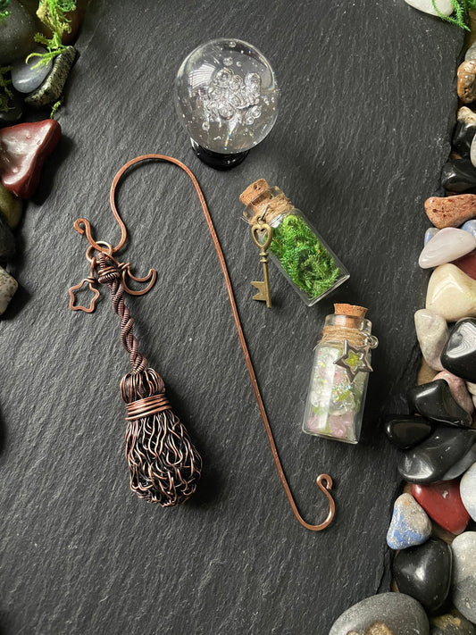 Miniature Broom Bookshelf Charm With Twisted Handle | With Mini Crystal Ball And Two Magic Spell Jars