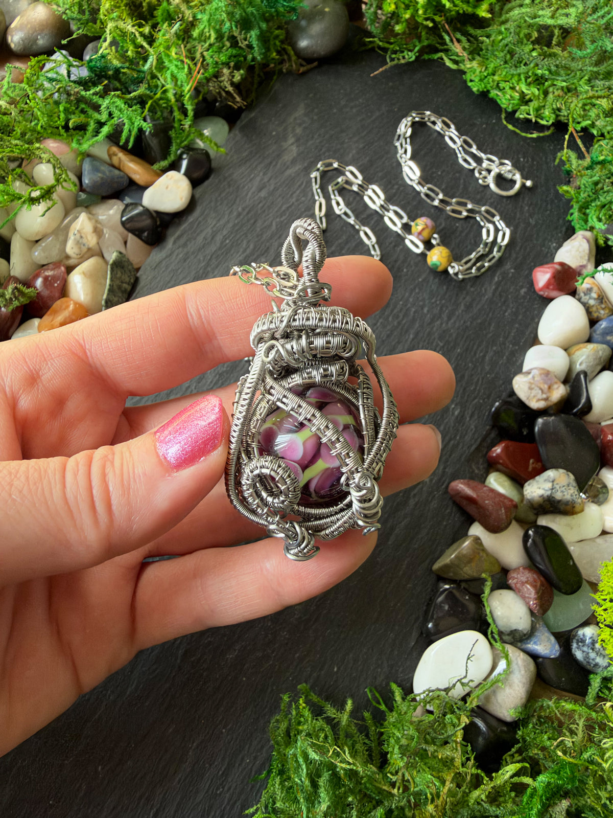 Magically Enchanted Flower Sphere Amulet In A Stainless Steel Wire Weave | One-of-a-Kind Handmade