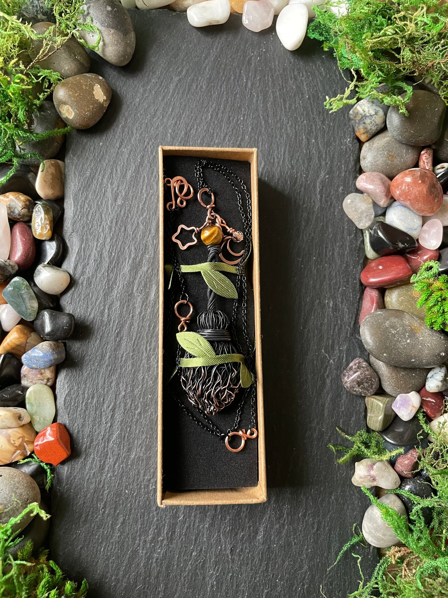 0127. Miniature Collectible Black Broom Pendant With Tiger’s Eye Stone And Celestial Charms | Add Custom Name Charm