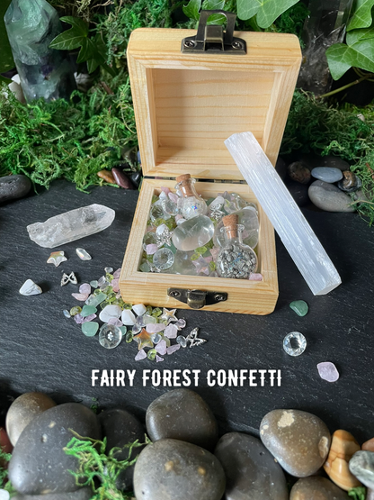 Magical Mini Fairy Forest Crystal Confetti With Wooden Box, Quartz Point, And Selenite Stick