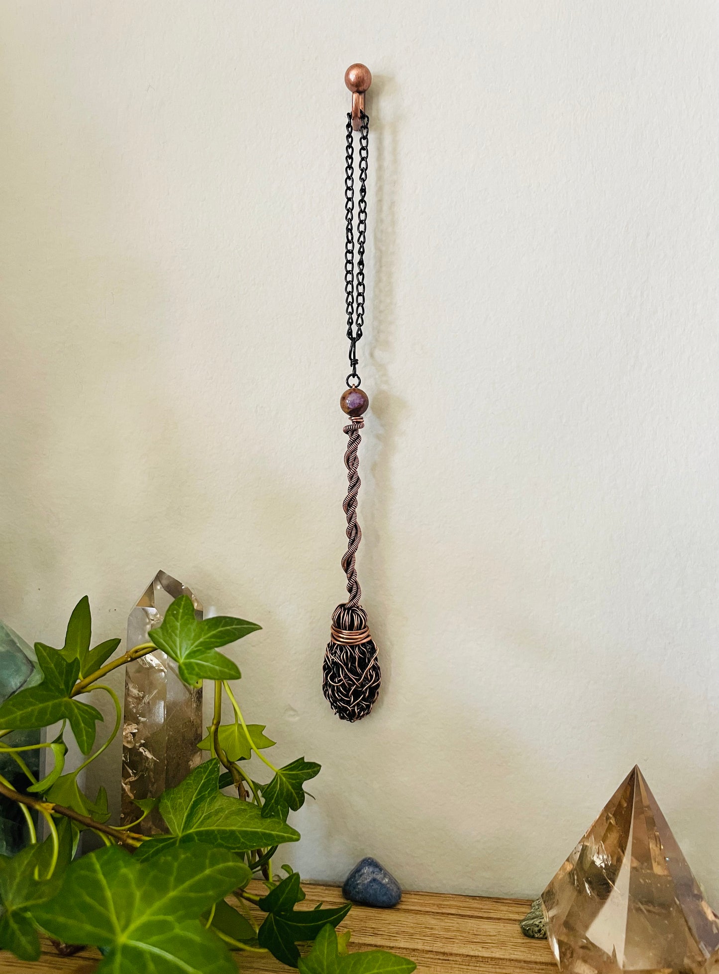 Miniature Collectible Broom Wall Charm With Purple & Copper Impression Jasper Stone, Handmade Broom To Accent A Witch’s Home