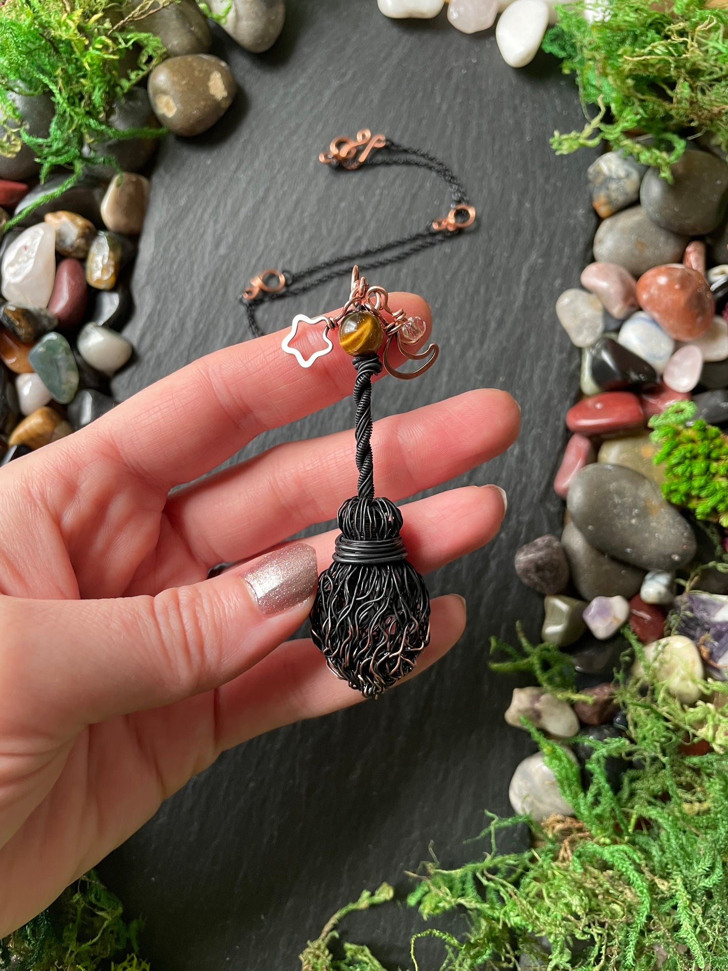 0127. Miniature Collectible Black Broom Pendant With Tiger’s Eye Stone And Celestial Charms | Add Custom Name Charm