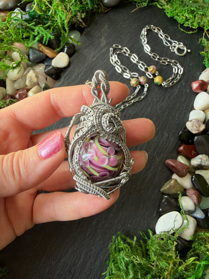 Magically Enchanted Flower Sphere Amulet In A Stainless Steel Wire Weave | One-of-a-Kind Handmade