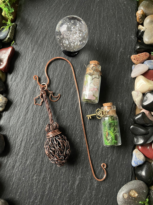 Miniature Broom Bookshelf Charm With Straight Handle | With Mini Crystal Ball And Two Magic Spell Jars