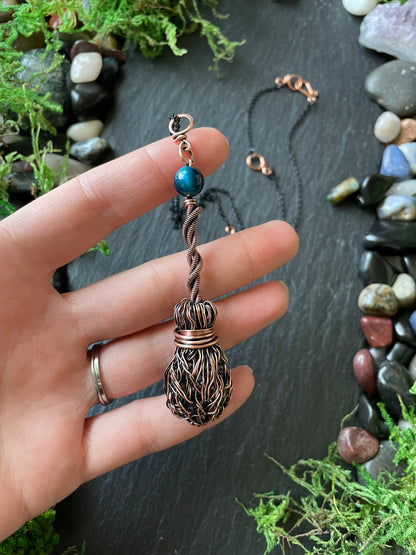 007. Miniature Collectible Broom Pendant With Twisted Handle And Blue Tiger’s Eye Crystal | Add Custom Name Charm