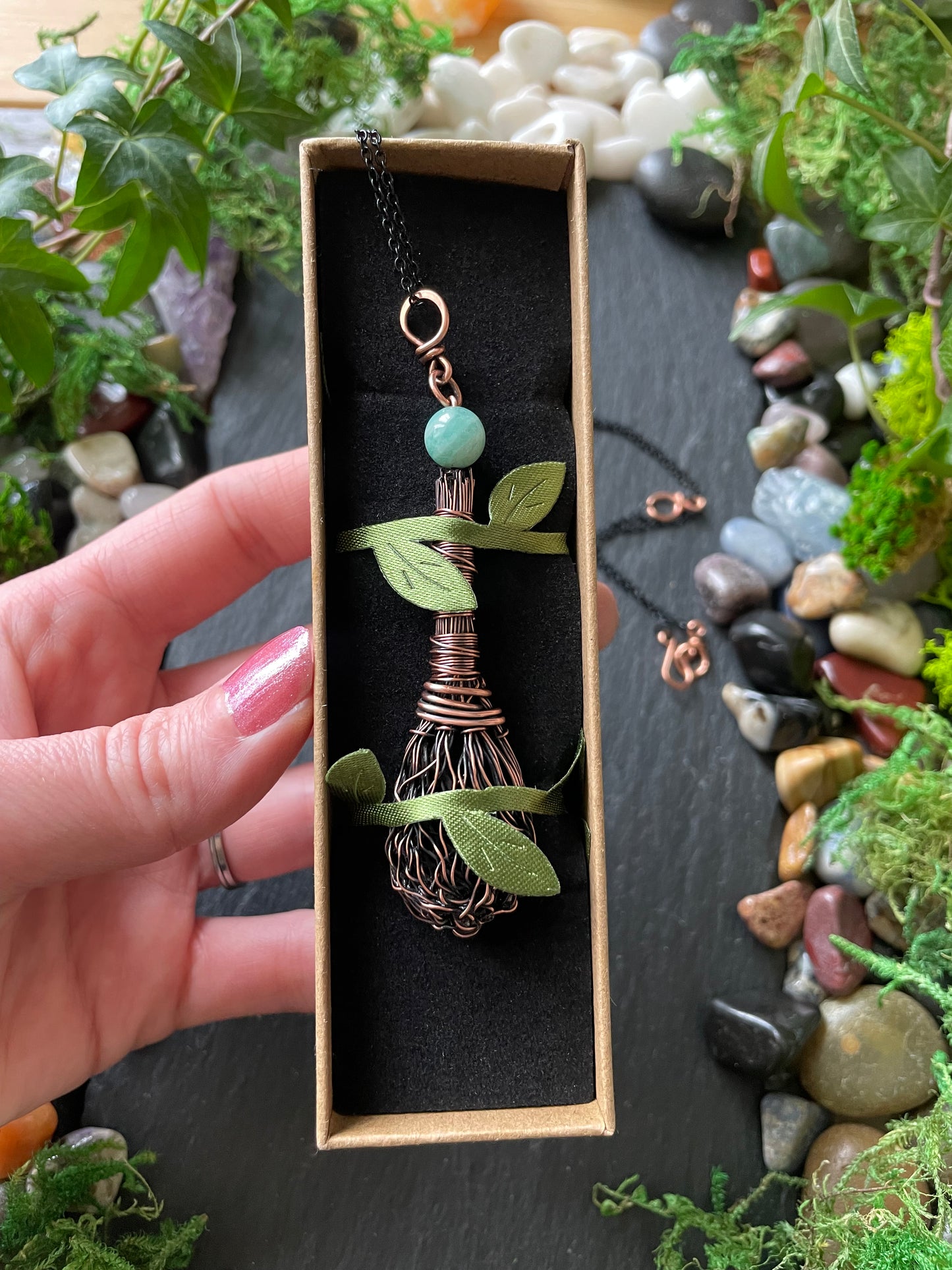 0110. Miniature Collectible Broom Pendant With Wrapped Handle And Amazonite Stone | Add Custom Name Charm