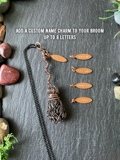 0118. Miniature Collectible Broom Pendant With Bent Handle | Add Custom Name Charm