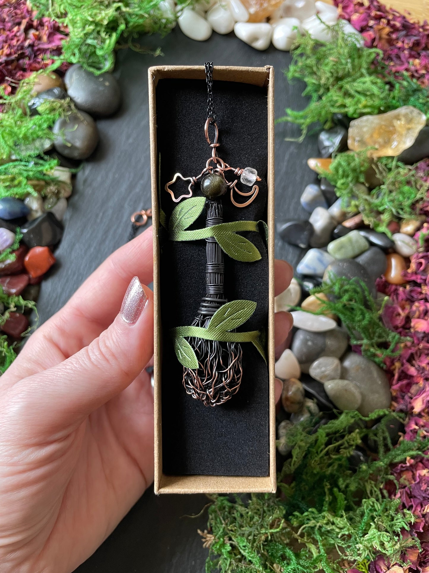 0119. Miniature Collectible Black Broom Pendant With Gold Sheen Obsidian Stone And Celestial Charms | Add Custom Name Charm