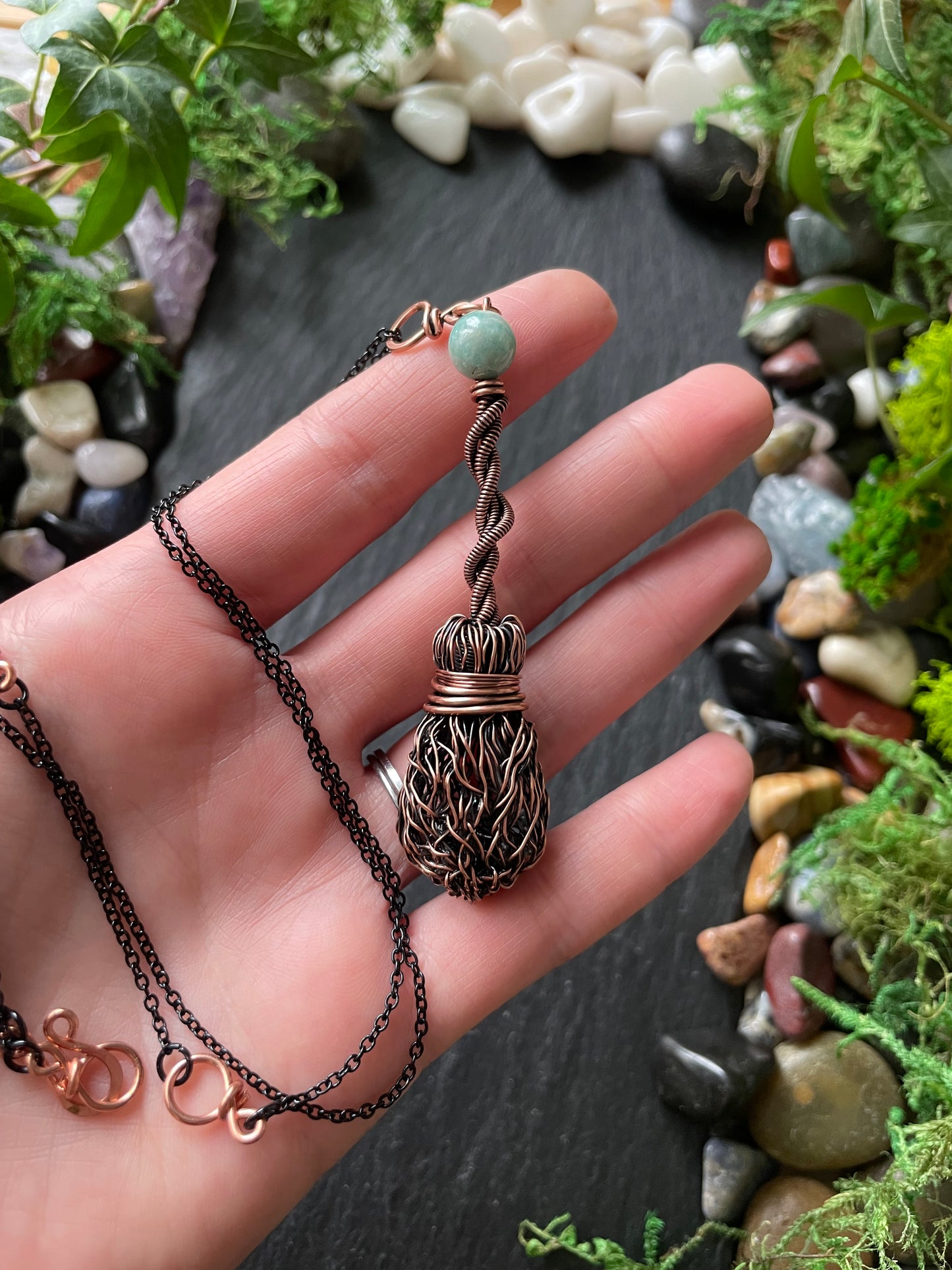 0111. Miniature Collectible Broom Pendant With Twisted Handle And Amazonite Stone | Add Custom Name Charm