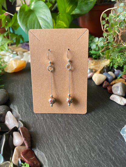 Silver Drop Earrings With Gold Cloisonné Flower Beads In .925 Sterling Silver