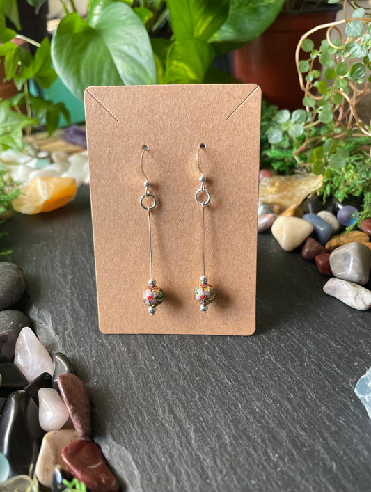 Silver Drop Earrings With Gold Cloisonné Flower Beads In .925 Sterling Silver