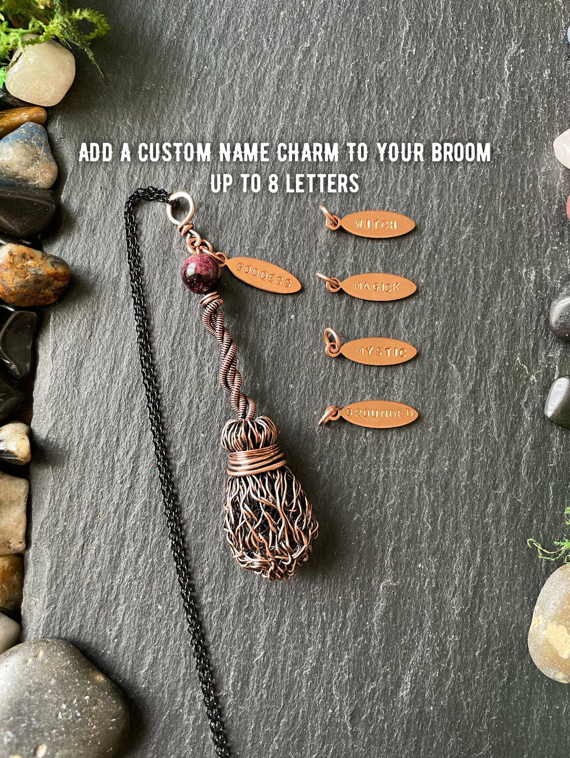009. Miniature Collectible Broom Pendant With Twisted Handle And Garnet Crystal | Add Custom Name Charm