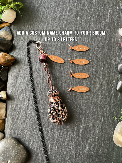 009. Miniature Collectible Broom Pendant With Twisted Handle And Garnet Crystal | Add Custom Name Charm