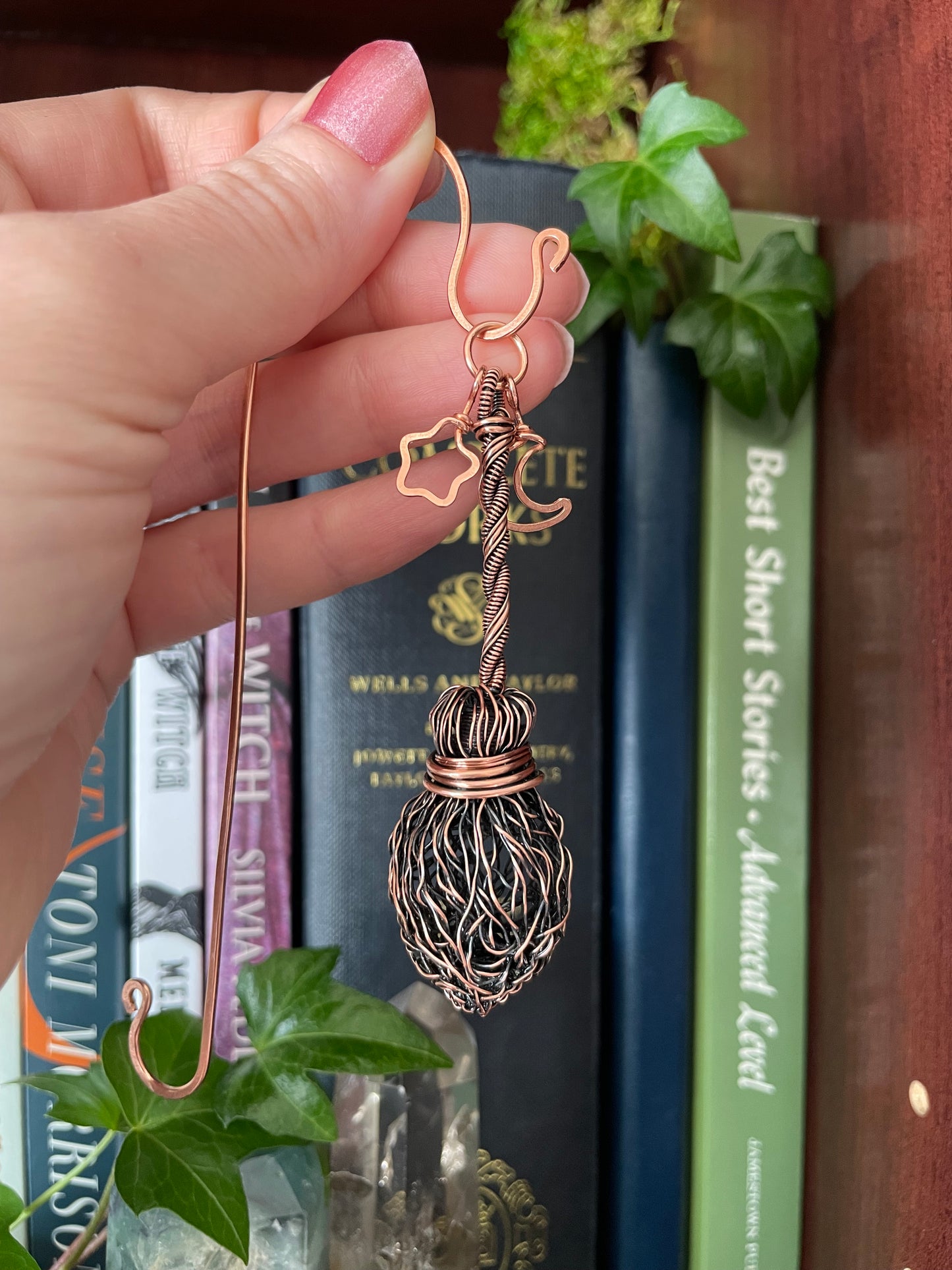 107. Made To Order - Miniature Copper Broom Bookmark With Straight Handle And Rounded Broom Bristles, Mini Bookshelf Broom With Star And Moon