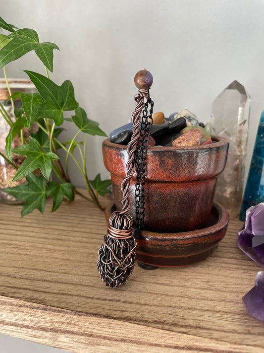 Image of miniature wire witch broom decoration with impression jasper bead