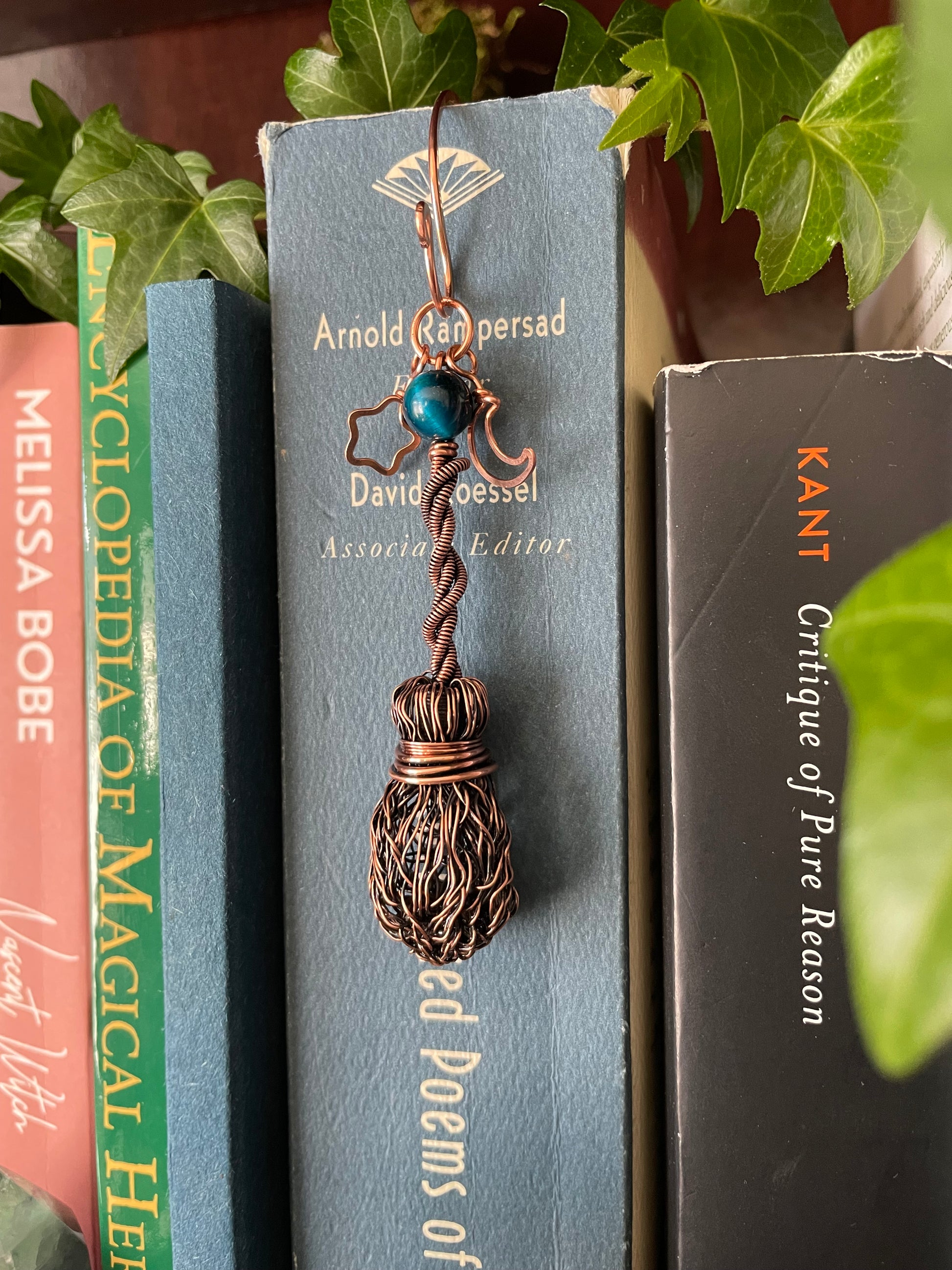 Books on a shelf with a decorative broom on top, surrounded by green leaves.