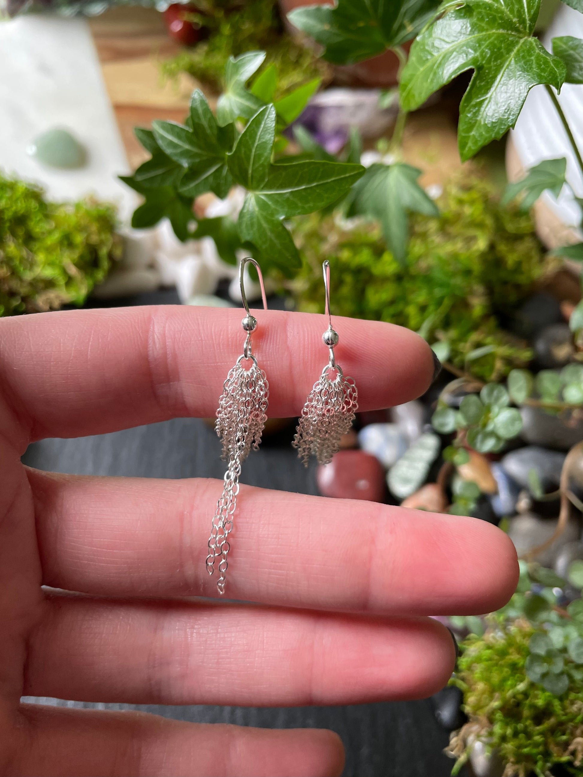 Image of sterling silver layered dangle chain earrings