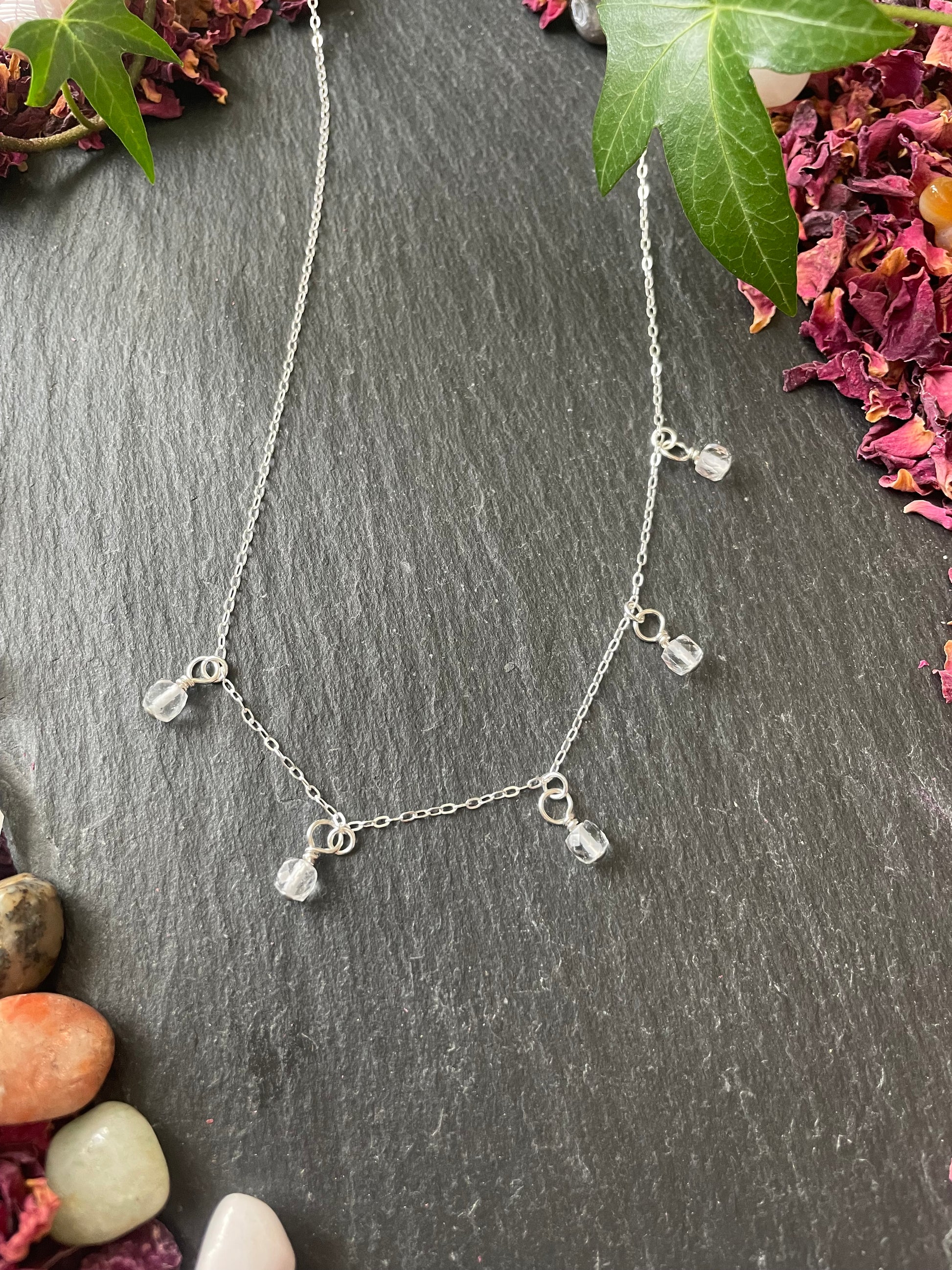 Silver necklace with quartz bead charms