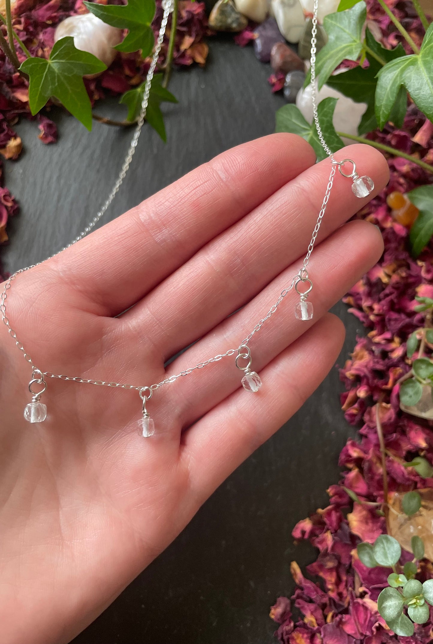 Image of silver necklace with quartz bead charms